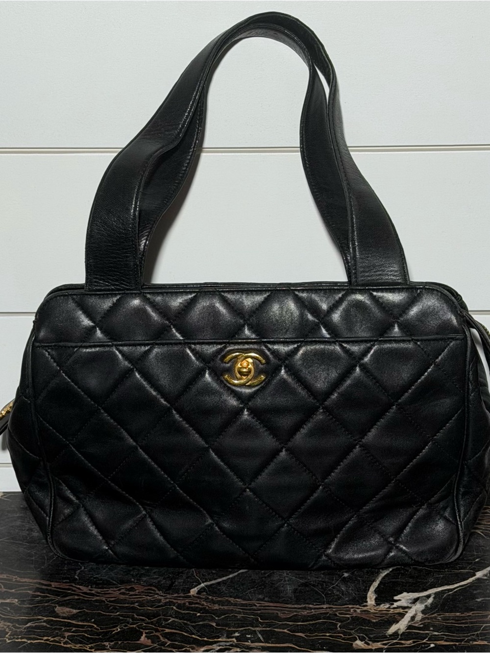 CHANEL Vintage Black Quilted Top Handled Handbag Gold CC Logo
